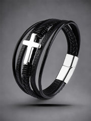 Herren Punk-Stil Christian Cross Leder mehr schicht iges hand gewebtes Seil Armband