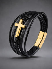 Herren Punk-Stil Christian Cross Leder mehr schicht iges hand gewebtes Seil Armband