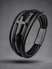 Herren Punk-Stil Christian Cross Leder mehr schicht iges hand gewebtes Seil Armband