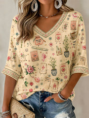 Damen Mahjong Print Casual T-Shirt