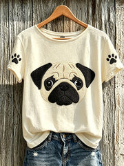 Damen-T-Shirt mit niedlichem Hunde-Muster, lässig, kurzärmlig