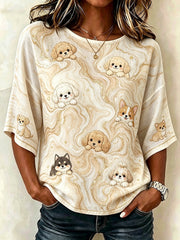 Damen Vintage Marmor Muster & Hunde Kunstdruck Leinen T-Shirt mit mittleren Ärmeln