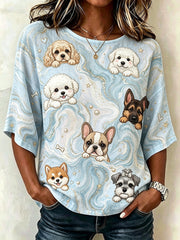 Damen-T-Shirt aus Leinen mit Vintage-Marmor‑Muster und Hunde‑Kunstdruck, mittellange Ärmel