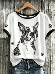 Damen-T-Shirt mit niedlichem Hunde-Muster, lässig, kurzärmlig