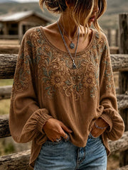 Damenhemd aus Baumwolle und Leinen mit Western- und Blumenmuster