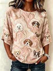 Damen-T-Shirt aus Leinen mit Vintage-Marmor‑Muster und Hunde‑Kunstdruck, mittellange Ärmel