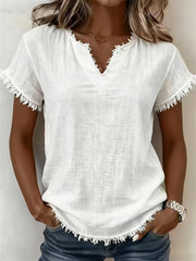 Kurz ärmel iges T-Shirt mit Fringe Trim Notch Neck Leinen für Damen