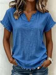 Kurz ärmel iges T-Shirt mit Fringe Trim Notch Neck Leinen für Damen