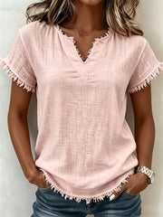 Kurz ärmel iges T-Shirt mit Fringe Trim Notch Neck Leinen für Damen