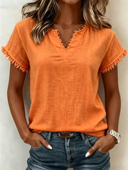 Kurz ärmel iges T-Shirt mit Fringe Trim Notch Neck Leinen für Damen