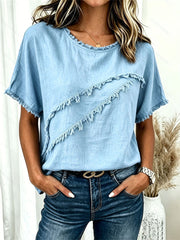 Kurz ärmel iges Damen-T-Shirt mit Fringe Trim Patchwork-Leinen