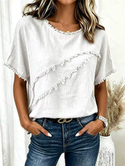 Kurz ärmel iges Damen-T-Shirt mit Fringe Trim Patchwork-Leinen