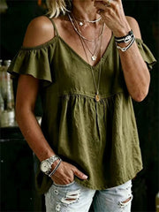 Damen Vintage schulter freies Rüschen ärmel boho Leinen hemd