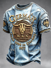 Herrenblaues, lässiges T-Shirt mit Jeans-Patchwork-Print zum Wacken-Metal-Festival