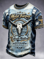 Herren-Wacken-Musikfestival-T-Shirt im Retro-Denim-Patchwork-Stil mit 3D-Druck, lässig geschnitten