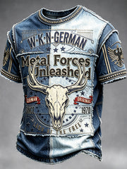 Herren-T-Shirt im Denim-Patchwork-Style mit Rock-Wacken-Musikfestival-Print, lässig geschnitten