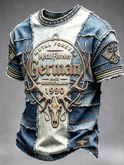 Herren-Retro-T-Shirt im deutschen Rock-’n’-Roll-Stil, Wacken-Musikfestival-Denim-Patchwork-Print, lässig