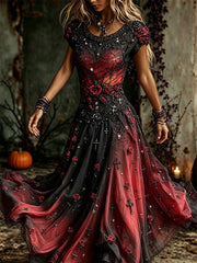 Damen-Maxikleid im gotischen Stil mit Totenkopf und Rose