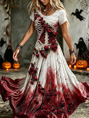 Damen-Maxikleid im gotischen Stil mit Totenkopf und Rose