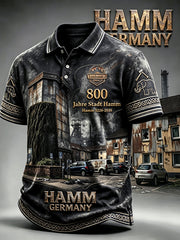 Herren-Poloshirt in Schwarz mit dekorativem Druck zum 800. Jubiläum der Stadt Hamm – lässiger Freizeitstil