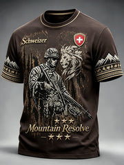 Dunkelbraunes, lässiges Herren-T-Shirt der Swiss Army mit Vintage-Print
