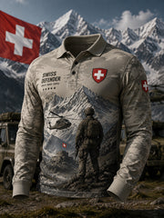Herren-Poloshirt mit langen Ärmeln und Vintage-Print im Militärstil