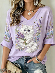 Damen-Kurzarm-T-Shirt mit Lavendel-und Katzen-Kunstdruck aus Leinen