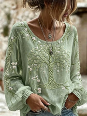 Frauen Edler Baum des Lebens Wikinger keltischer Knoten Bambus Blumen druck Baumwoll-Leinen-Shirt