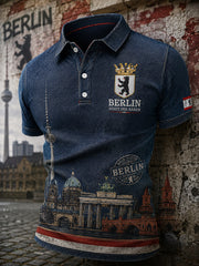 Herren-Poloshirt mit kurzen Ärmeln und urbanem, erinnerungsträchtigem Grafikdruck