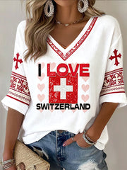 Damenweißes Freizeit-T-Shirt mit Schweizer Nationaltag-Print und V-Ausschnitt
