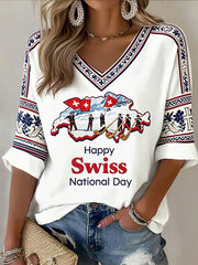 Damen-T-Shirt mit Schweizer Nationalfeiertags-Print, lässig, V-Ausschnitt