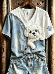Frauen Peeking Malteser Hund gepackt Denim Print kurz ärmel iges T-Shirt