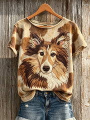 Damen Shetland Sheep dog & Dog Mantel Muster Print Kurzarm T-Shirt