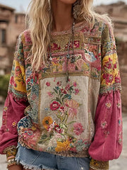 Damen-Loungewear-Sweatshirt aus Leinen, bequem und mit vintage-geprägtem Blumen-Art-Print
