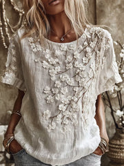 Damen-lässiges, bequemes Leinen-T-Shirt mit Vintage-Blumen kunst druck