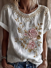 Damen-Linien-T-Shirt in lässiger, bequemer Passform mit nostalgischem Blumen-Art-Print