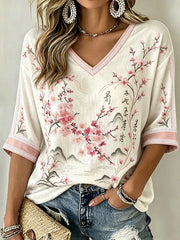 Damen-T-Shirt mit mittellangen Ärmeln im japanischen Kunststil mit Blumenmuster