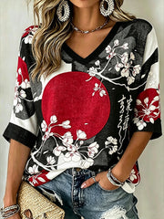 Frauen-T-Shirt aus japanischem Kunst-Stil Pflanzen-Blumenmuster-Freizeit-Leinen