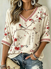 Damen-T-Shirt im japanischen Kunststil mit Pflanzen- und Blumenmuster aus Leinen für die Freizeit