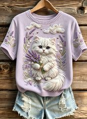 Damen-Sweatshirt mit niedlichen Katzenmotiven, im Vintage-Stil, modisch, locker geschnitten, kurze Ärmel