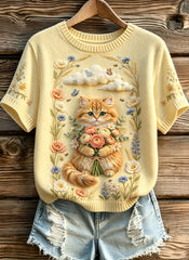 Damen-Sweatshirt mit niedlichen Katzenmotiven, im Vintage-Stil, modisch, locker geschnitten, kurze Ärmel