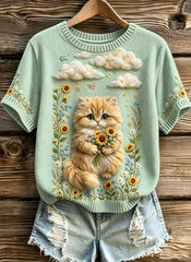 Damen-Sweatshirt mit niedlichen Katzenmotiven, im Vintage-Stil, modisch, locker geschnitten, kurze Ärmel