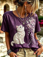 Frauen Katze Floral T-Shirt