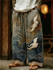Herren-Vintage-Hose aus Leinen mit Kunstdruck japanischer Kraniche und Meereswellen