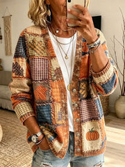 Damen-Herbst-Patchwork-Strickjacke mit Kürbis druck