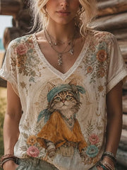 Elegantes Damen-Top aus Baumwolle und Leinen mit Blumenkatzenmuster