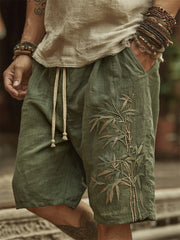 Herren-Shorts aus Leinen mit japanischem Bambus-Kunstdruck und Tunnelzug