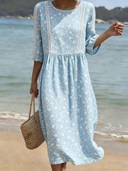 Vintage Bohemian-Blumen druck mit V-Ausschnitt Elegantes schickes, lockiges Midi-Kleid