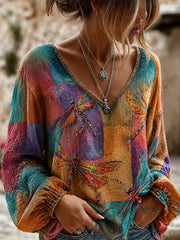 Damen-Vintage-Blumen-Kunstdruck Lässiges Baumwoll-Leinen-Top