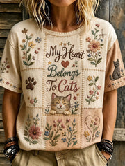 Kunstdruck zum Weltkatzentag für Frauen – lockeres, lässiges T-Shirt mit Blumenmuster